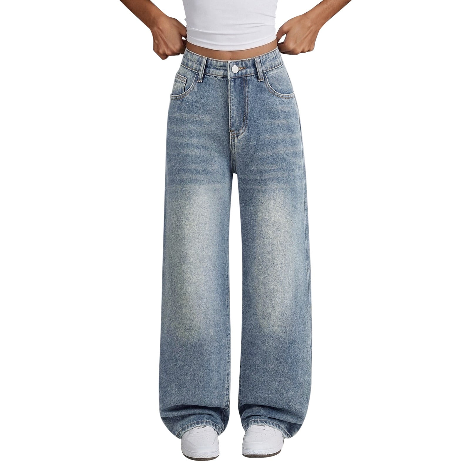 TIREOW Teen Girls Washed Jeans High Waist Straight Wide Leg Baggy Denim Pants Trendy Casual Loose Fit Streetwear Denim Trousers
