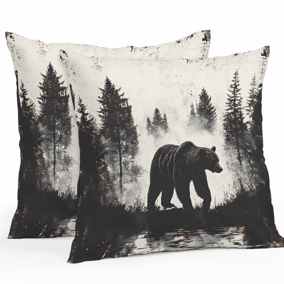 Brown Bear Forest Silhouette Outdoor Pillow Covers Pack of 2 Vintage Animal Tree Waterproof Throw Pillow Covers Decorative Cushion Cases for Patio Garden Tent Balcony Couch 20x20 inch