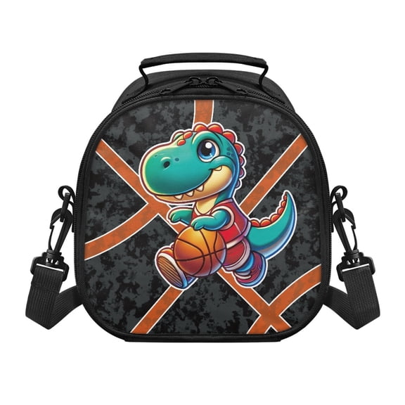 Pzuqiu Insulated Kids Lunch Bag for Picnic School, Premium Fabric Reusable Kids Insulated Lunch Bag, Basketball Dinosaur Pattern