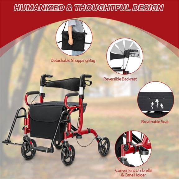2 in 1 Rolling Walker Wheelchair Combo for Seniors Adults Foldable Rollator with Seat 8 Inch Wheels Hand Brakes 6 Position Height Adjustment  Portable Mobility Aid for Travel Shopping Park Walks