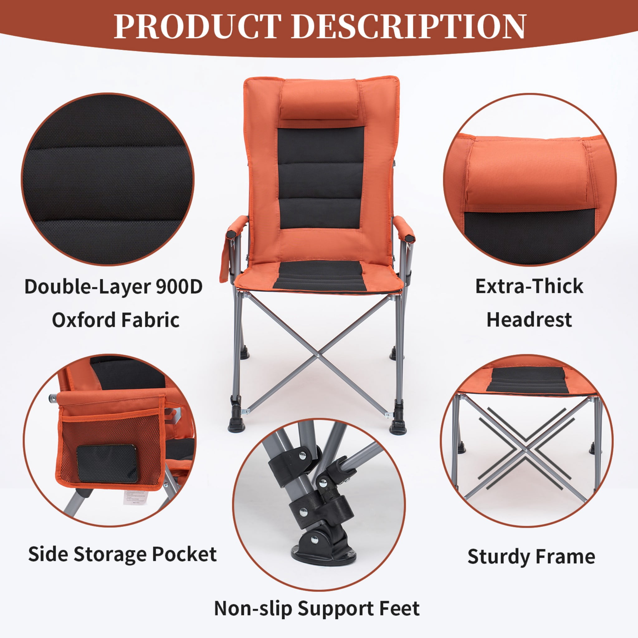 Folding Camping Chair, 5-Position Reclining High Back Outdoor Lounge Seat with Carry Bag