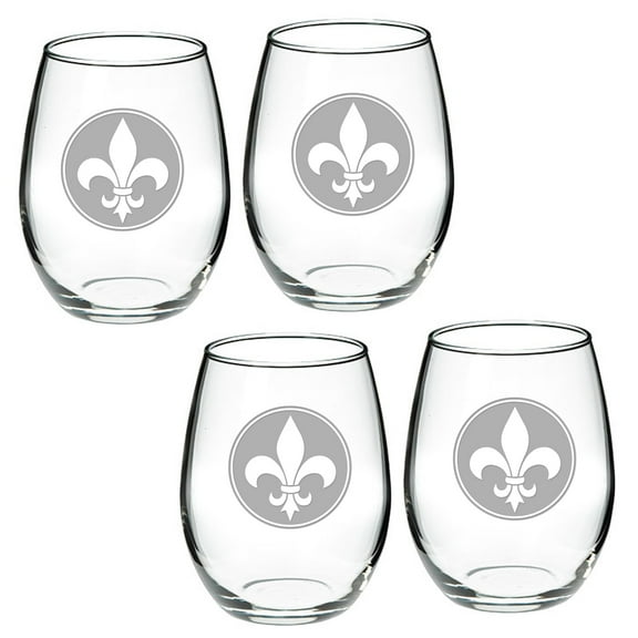 Fleur de Lis Deep Etched Stemless Red Wine Glass Set of 2