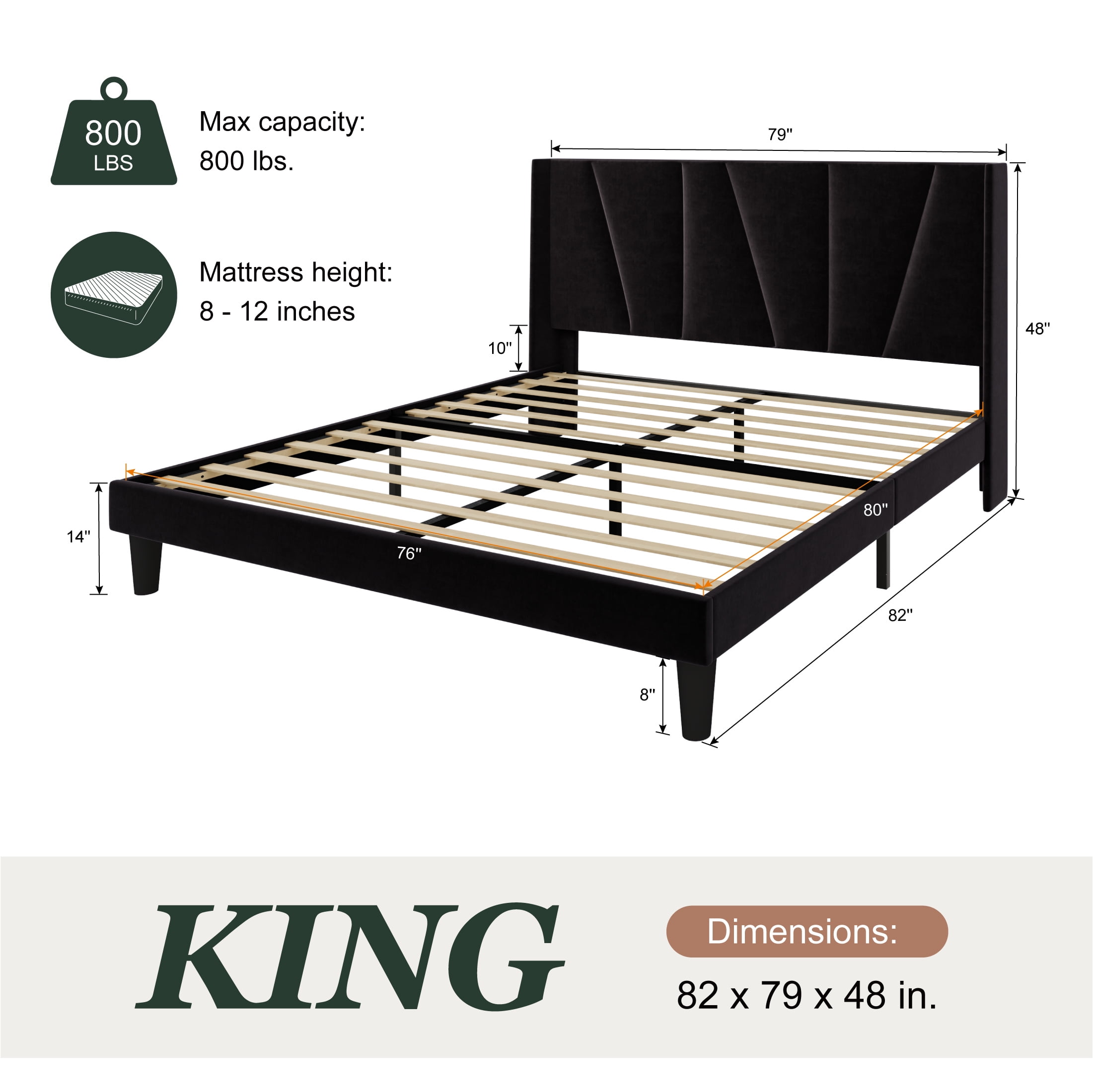 Amolife King Bed Frame, Upholstered Platform Bed with Wingback and Geometric Headboard, Black