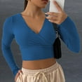 thumbnail image 2 of Hfyihgf Women's Wrap V-Neck Cropped Sweater Long Sleeve Slim Fit Ribbed Knitted Workout Pullover Tops(Blue,XXL), 2 of 8