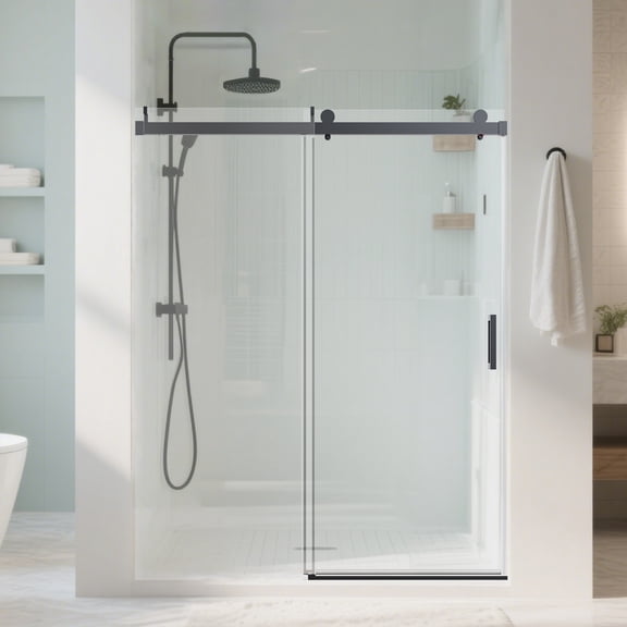 56-60"W x 76"H Frameless Single Sliding Soft-Close Door, 3/8"(10mm) SGCC Tempered Glass, Matte Black
