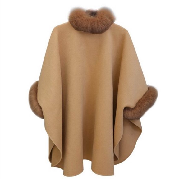 comerut Women Cape Coat Solid Color Faux Fur Collar Autumn Winter Warm Loose-fitting Mid-length Poncho Coat for Daily Wear