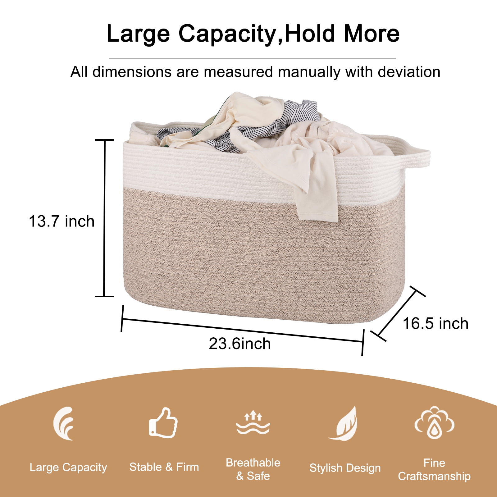 CHERISHGARD Blanket Basket 90L Rectangle Rope Baskets for Storage, Cotton Rope Basket for Bedroom Livingroom Washingroom