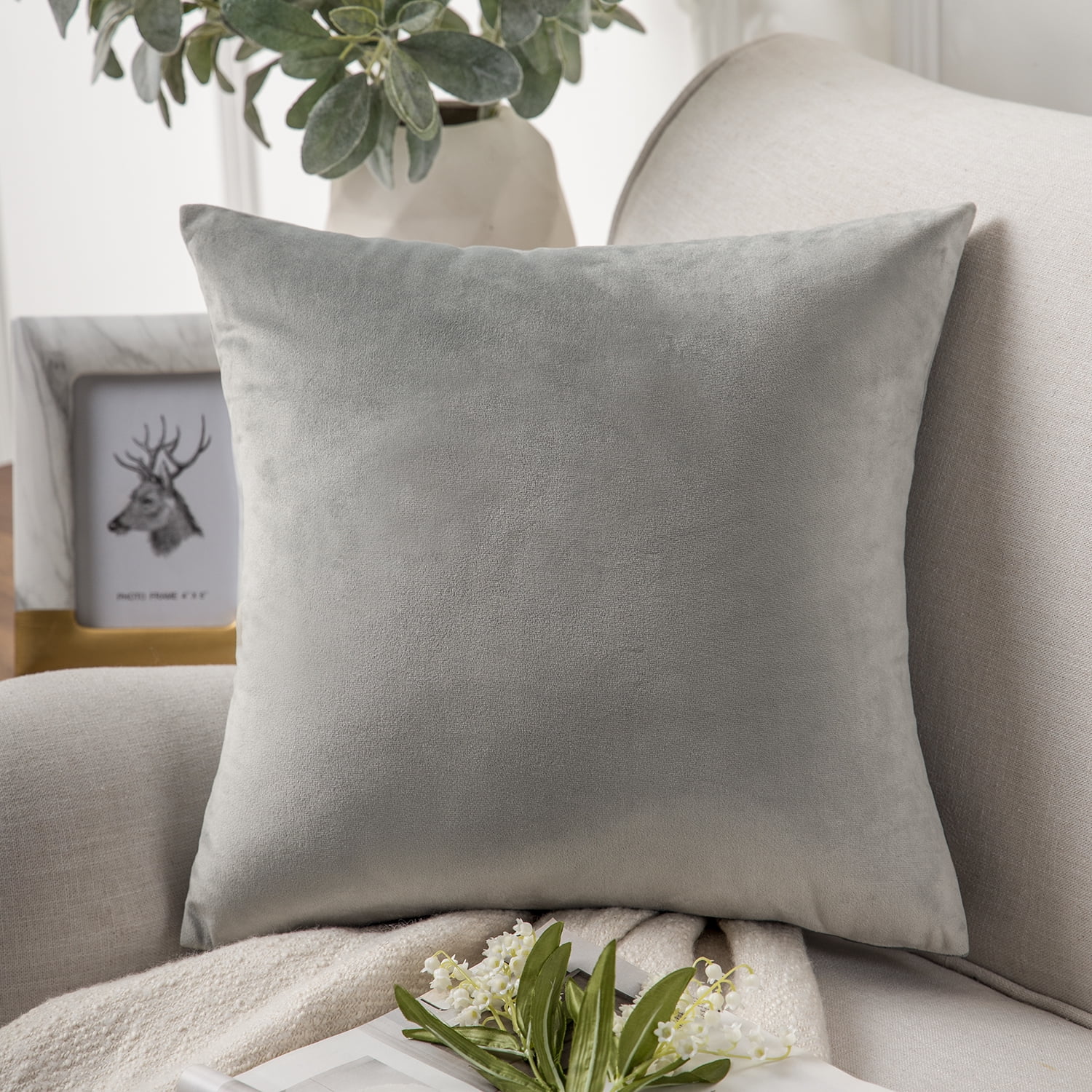 Phantoscope Decorative Throw Pillow Set, Soft Silky Velvet & Modern Faux Leather Woven Series Cushion Bundle, for Sofa Couch Bedroom, Light Gray, 18" x 18"