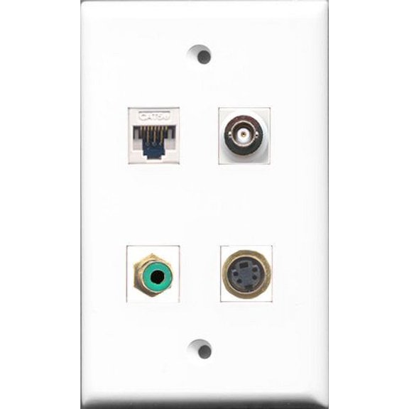RiteAV - 1 Port RCA Green and 1 Port S-Video and 1 Port BNC and 1 Port Cat5e Ethernet White Wall Plate