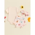 thumbnail image 4 of Bagilaanoe 3Pcs Newborn Baby Girl Shorts Set Short Sleeve Letter Print Romper Tops + Ruffled Shorts + Headband 3M 6M 12M 18M Infant Casual Summer Clothes, 4 of 7