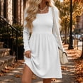 thumbnail image 3 of Tumotour Plus Size Fall Dress for Women's Solid Color Square Neckline High Waisted A-Line Mini Dress knitted Long Sleeve Slim T-Shirt Dress, 3 of 10