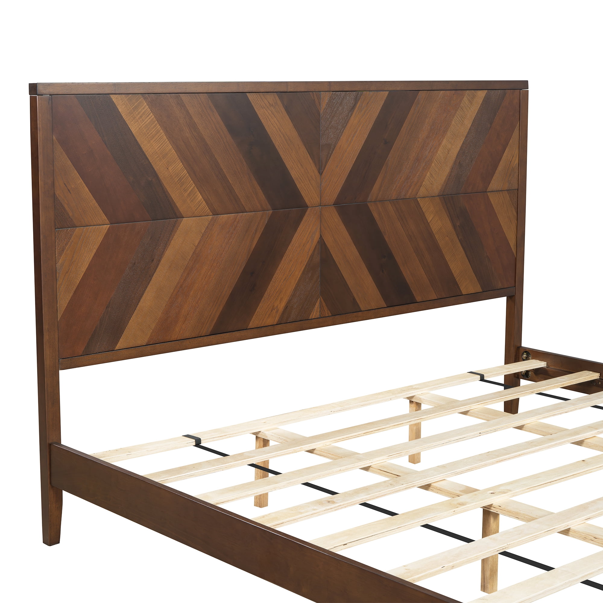 Euroco Mid-Century Wood Platform Bed, No Box Spring Needed, King, Walnut