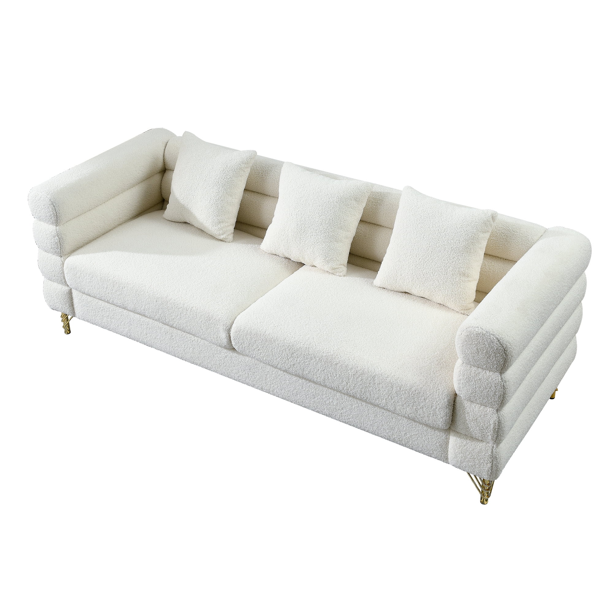 Kadyn 81" Loveseat 3 Seater Sectional Sofa, Fabric Sofa with 3 Pillows, Upholstered Sofa Couch for Living Room, White Teddy