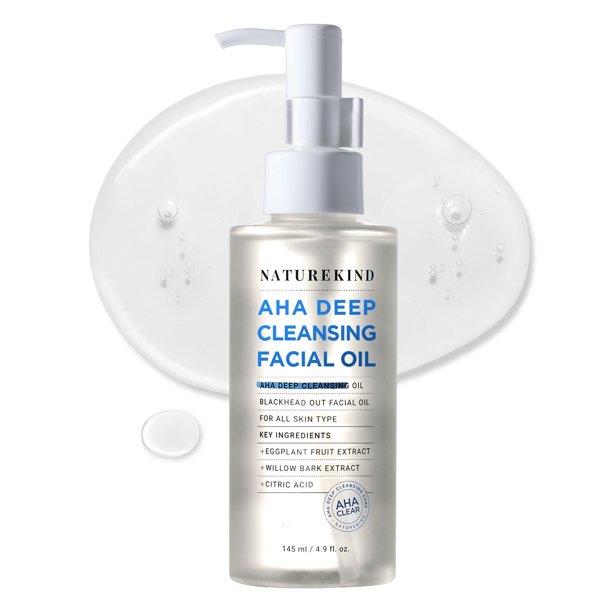 NATUREKIND AHA Aceite facial de limpieza profunda con aceite de jojoba Aceite de árbol de té PHA y Centella Asiática Removedor de espinillas coreano Limpiador de poros y removedor de sebo 145 ml 4.9 f