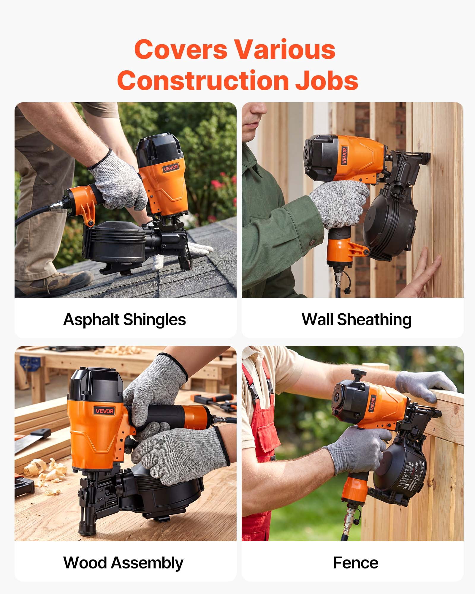 VEVOR Air Roofing Nailer CN45C, 3/4" to 1-3/4" 15 Degree Roofing Nail Gun with Two Firing Modes & Tool-Free Depth Adjustment, 70-110 PSI Pneumatic Coil Nailer for Asphalt Shingles, Roof Sheathing