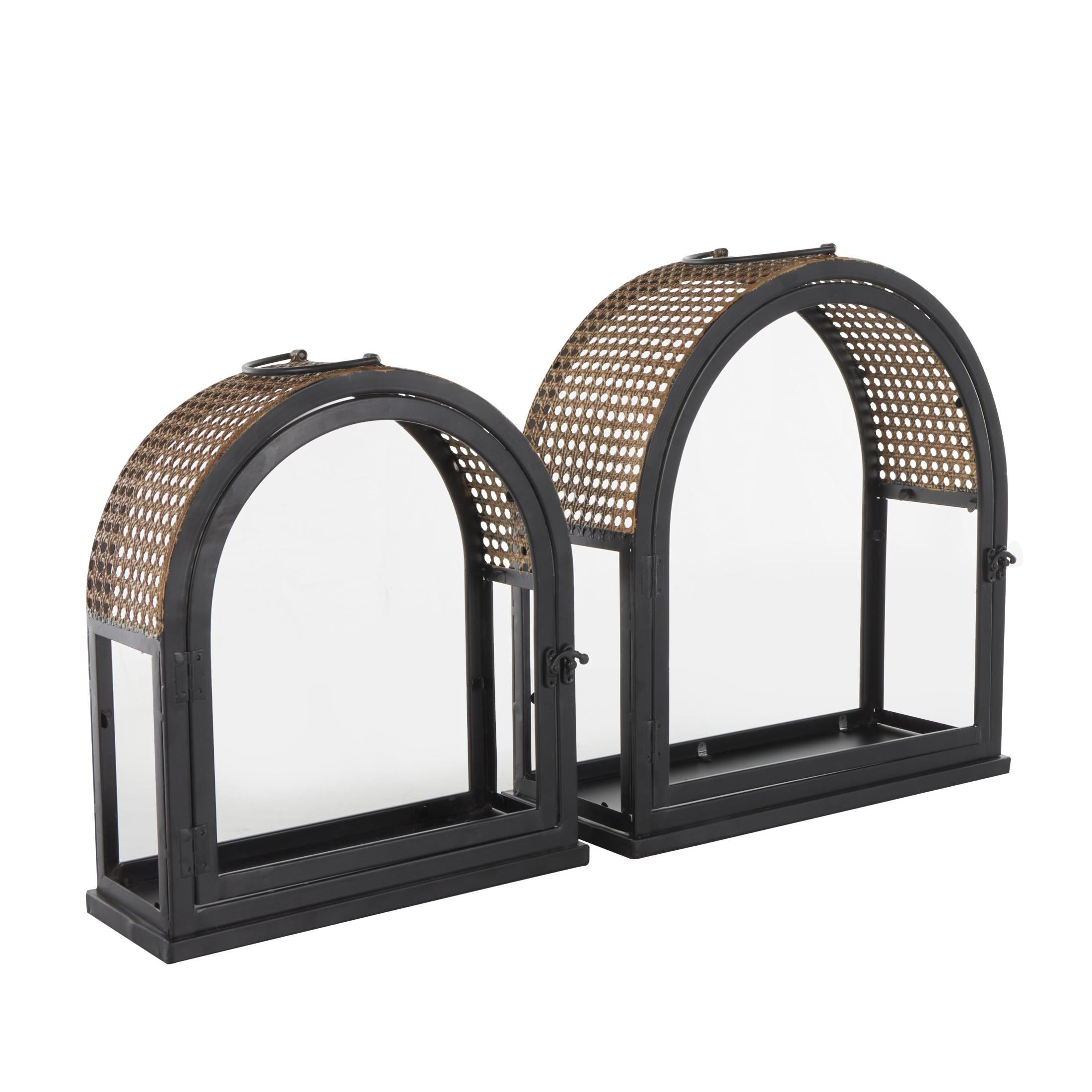 DecMode 2 Holder Black Metal Arched Candle Lantern with Cane Inspired Gold Tops, Set of 2