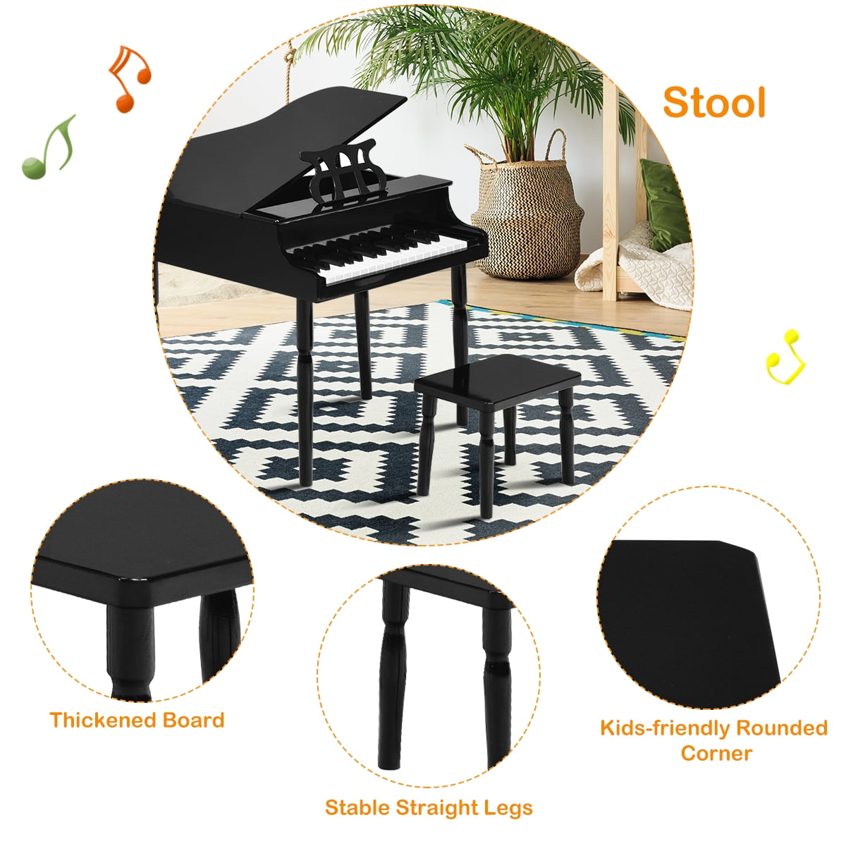 Costway Stability 3-8 Years Toy Musical Instruments with Baby Grand Bench, Wood ABS MDF Black