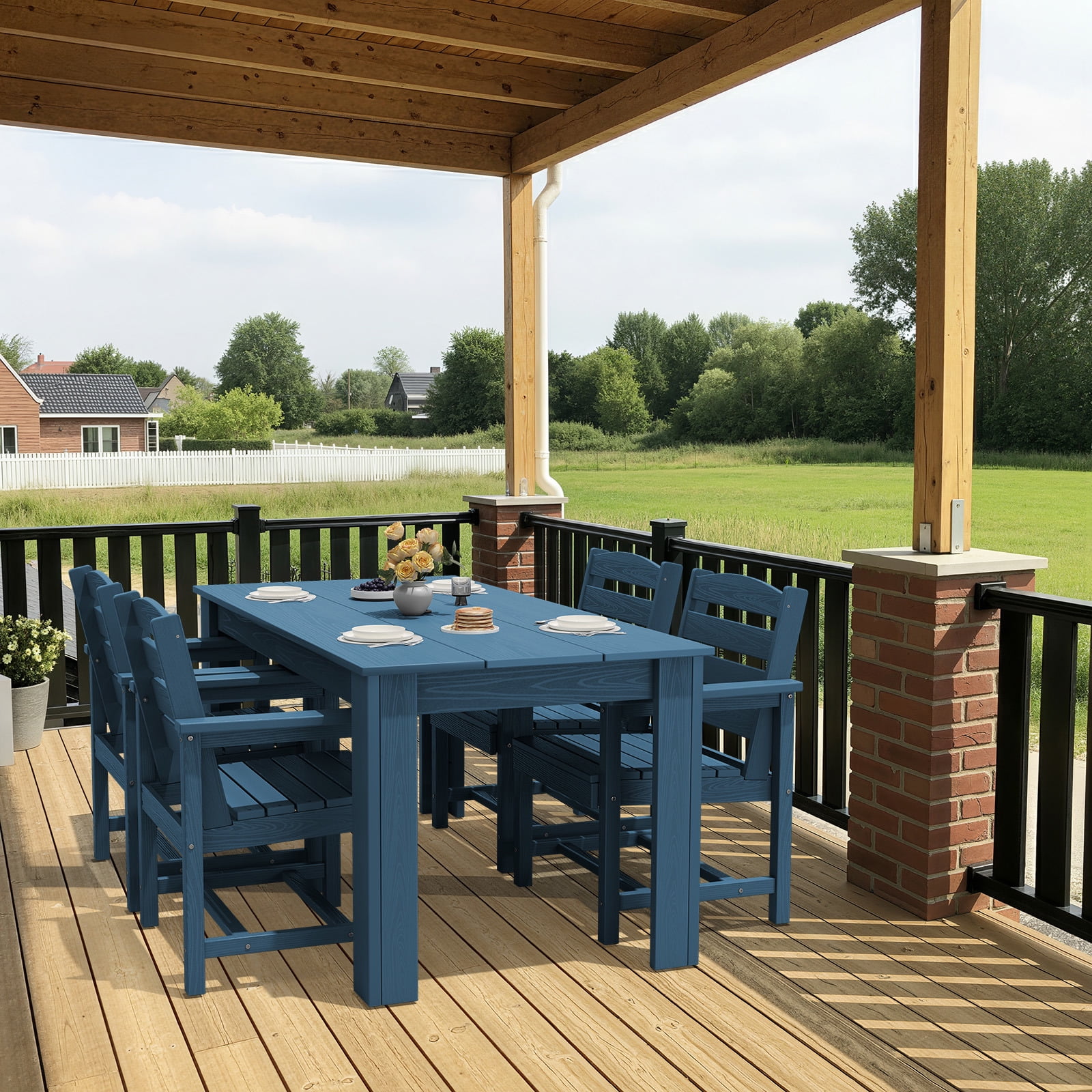 SERWALL 5-Piece Patio Dining Set, 59" Outdoor Dining Table and 4 Chairs with Umbrella Hole for Garden, Deck, Poolside, Blue