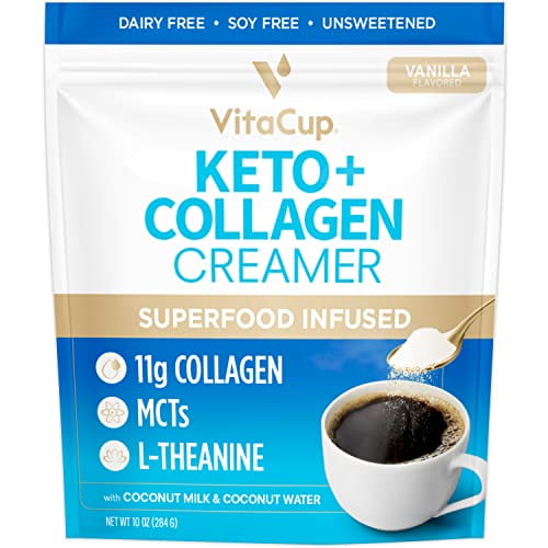 VitaCup Keto + Crema de café con colágeno sabor vainilla con MCT, proteína de colágeno, agua de coco, L-teanina para dieta cetogénica, uso en café, batidos y batidos, sin lácteos, sin gluten, sin soja