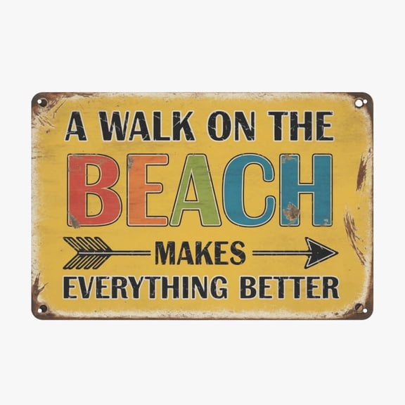 Vintage Beach Walk Tin Sign, Coastal Wall Art Decor, Rustic Metal Plaque, 8 x 12 Inch