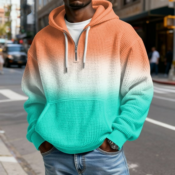 Domuza Waffle Knit Pullover Hoodies for Men Quarter Zip Up Long Sleeve Gradient Hooded Sweatshirt Stylish Relaxed Fit Sports Pullover Top Camel M