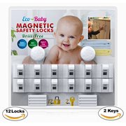 Eco Brands USA, Eco-Baby Child Safety Magnetic Cabinet and Drawer Locks for Proofing Kitchen, Child Latches (12 Locks & 2 Keys)