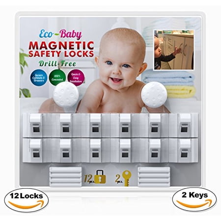 Eco Brands USA, Eco-Baby Child Safety Magnetic Cabinet and Drawer Locks for Proofing Kitchen, Child Latches (12 Locks & 2 Keys)