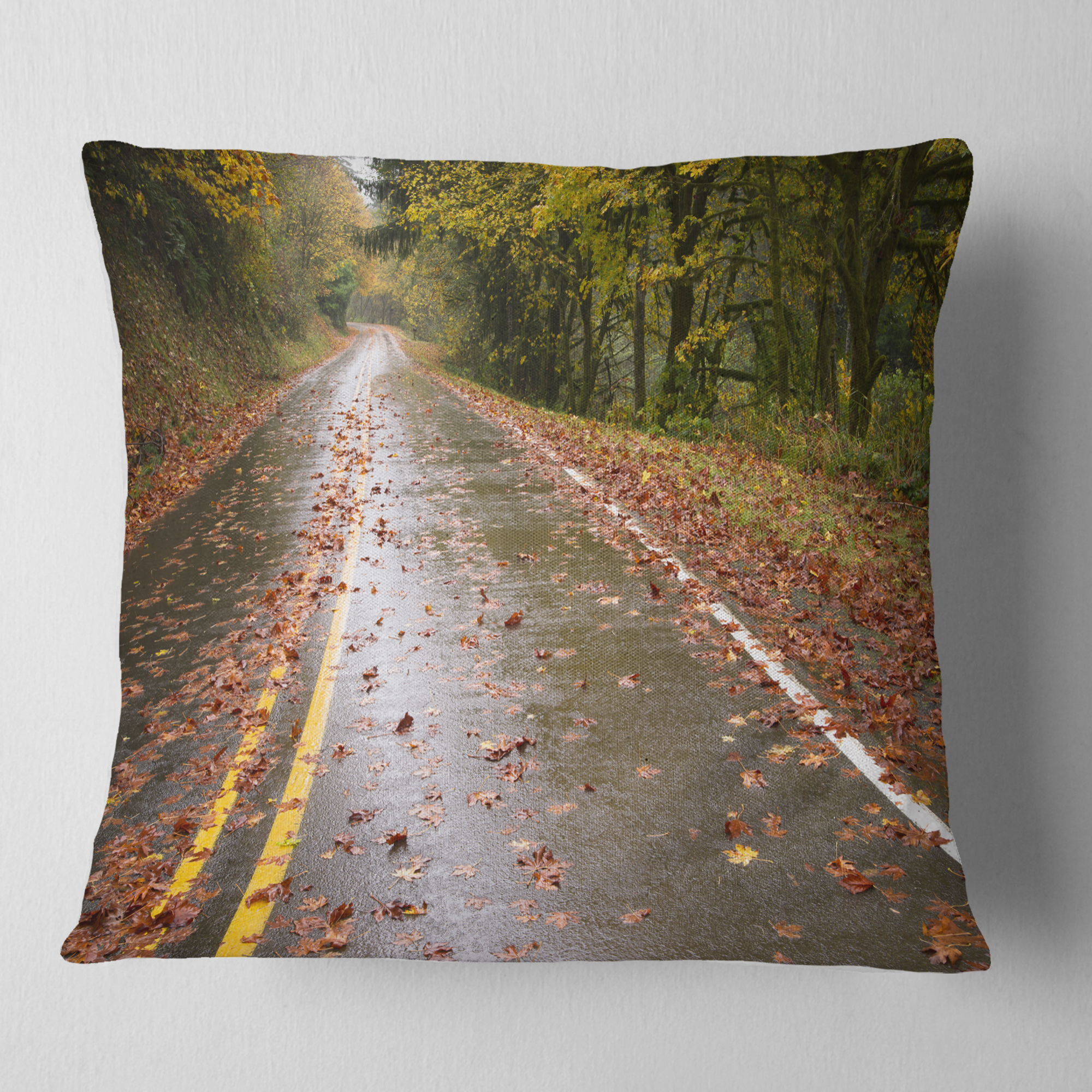 Designart Wet Rainy Road in Forest - Landscape Photo Throw Pillow - 18x18