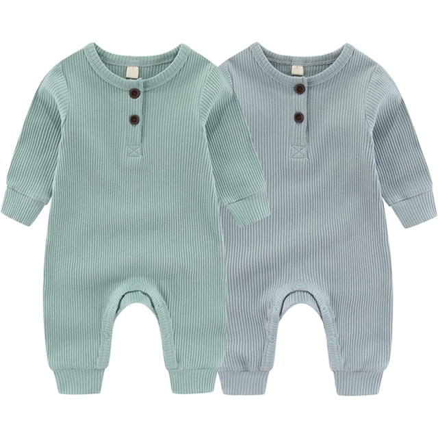 ZAV Solid Unisex Baby Boy Girl Rompers 2 Pack Long Sleeve Jumpsuits Infants Clothes Outfits
