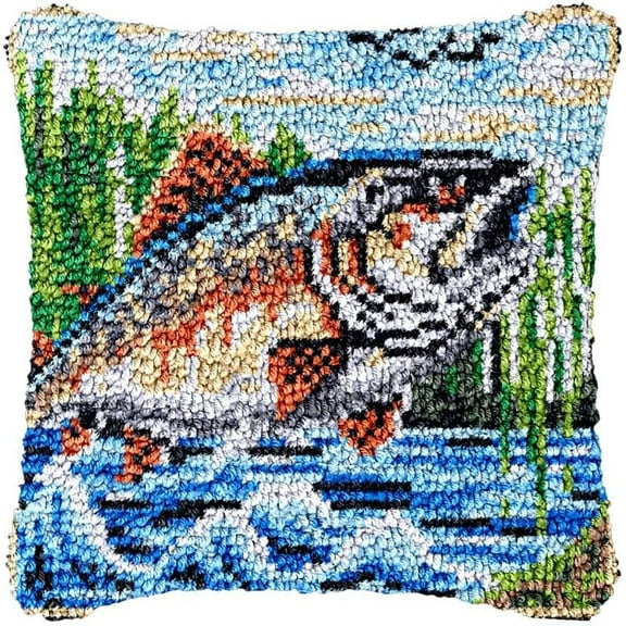 Latch Hook Pillowcase Kits Fishing Fish Latch Hook kit Pillow Cover Adukt Pillow Embroidery Craft Kits for Beginner DIY Latch Hook Rug Kit with Canvas Christmas Decoration 43x43cm(49)