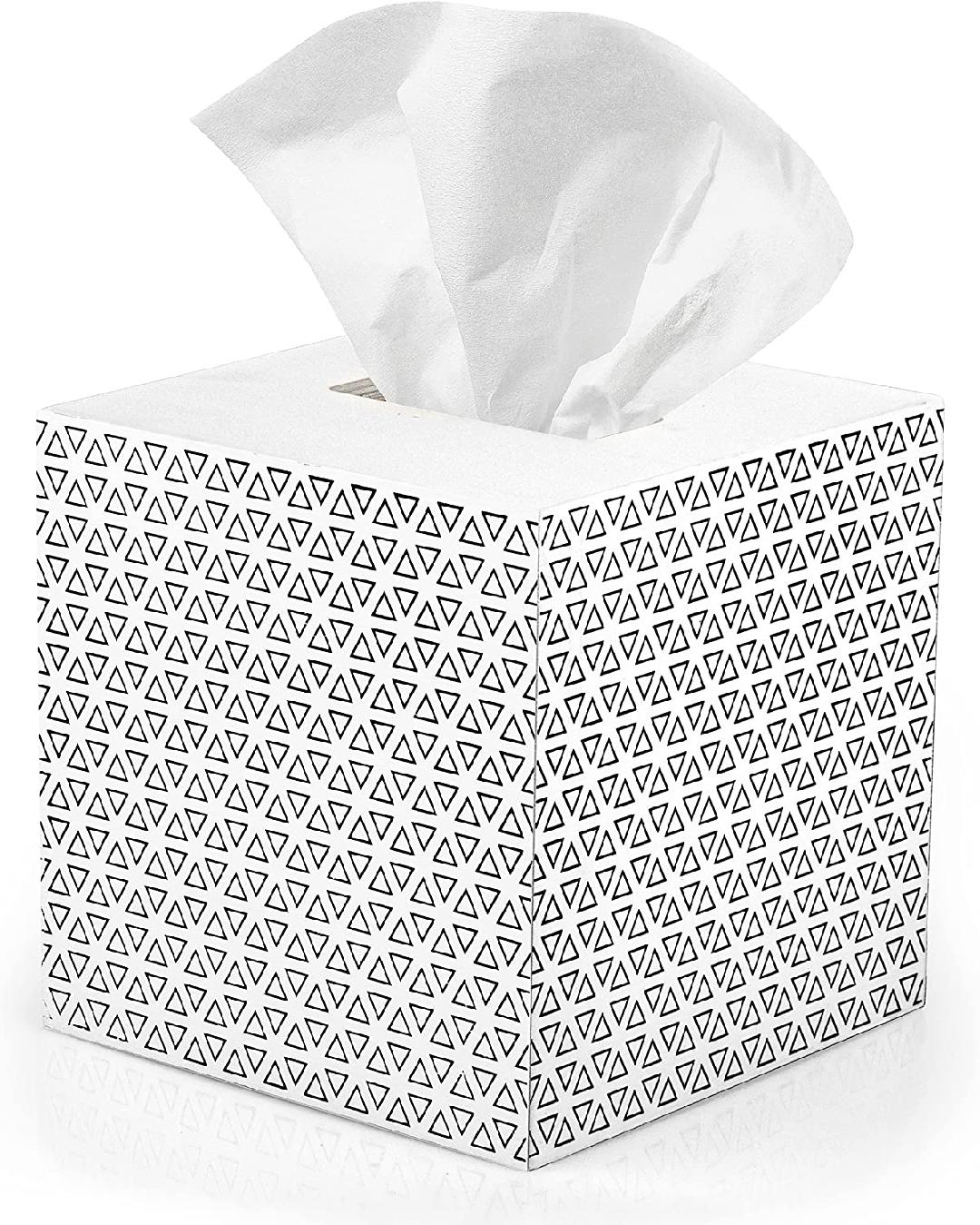 Wooden Tissue Box Cover, White Wood Triangle Design Modern Printed