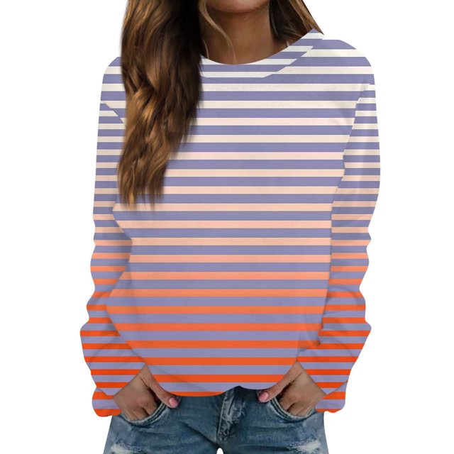 Birdeem Hauts pour Femmes Manches Longues Mode Décontractée Dégradé Rayé Imprimé Chandail en Molleton Manches Longues Col Rond Hauts pour Femmes