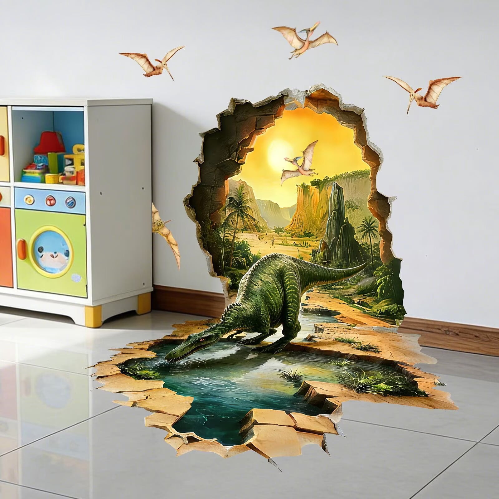 3D Large Dinosaur Wall Stickers Dinosaur Crack Hole Dinosaur Animal Peel and Stick Wall Art Decals for Boys Room Baby Nursery Kids Bedroom
