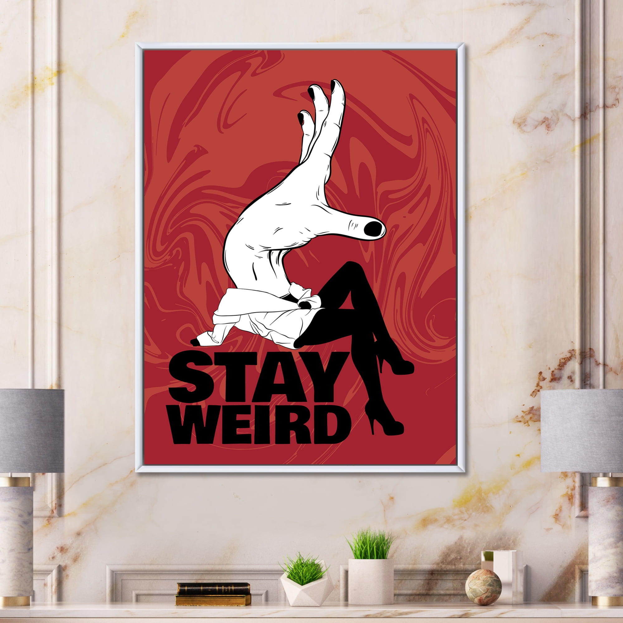 Stay Weird Hand Sign 16 in x 32 in Framed Painting Canvas Art Print, by Designart