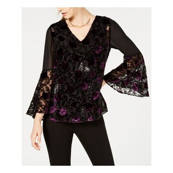 ALFANI $79 Womens New Black Velvet Burnout V Neck Bell Sleeve Top L B B
