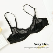 Wingslove Womens Sexy 1/2 Cup Lace Bra Balconette Mesh Underwired Demi Shelf Bra Unlined See Through Bralette,Black 32B