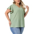 thumbnail image 4 of Blusas de verano casuales de talla grande para mujer Agnes Orinda, con textura, cuello en V con muesca y mangas con volantes, 1X, verde, 4 of 6