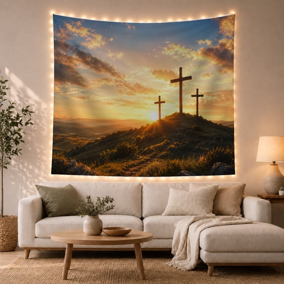 Cross Silhouettes on a Hill Beneath a Golden Sunset, Inspirational Vintage Style for Art Lovers, Sunset Wall Art, Easter Gift, Tapestry Wall Hanging for Bedroom and Living Room