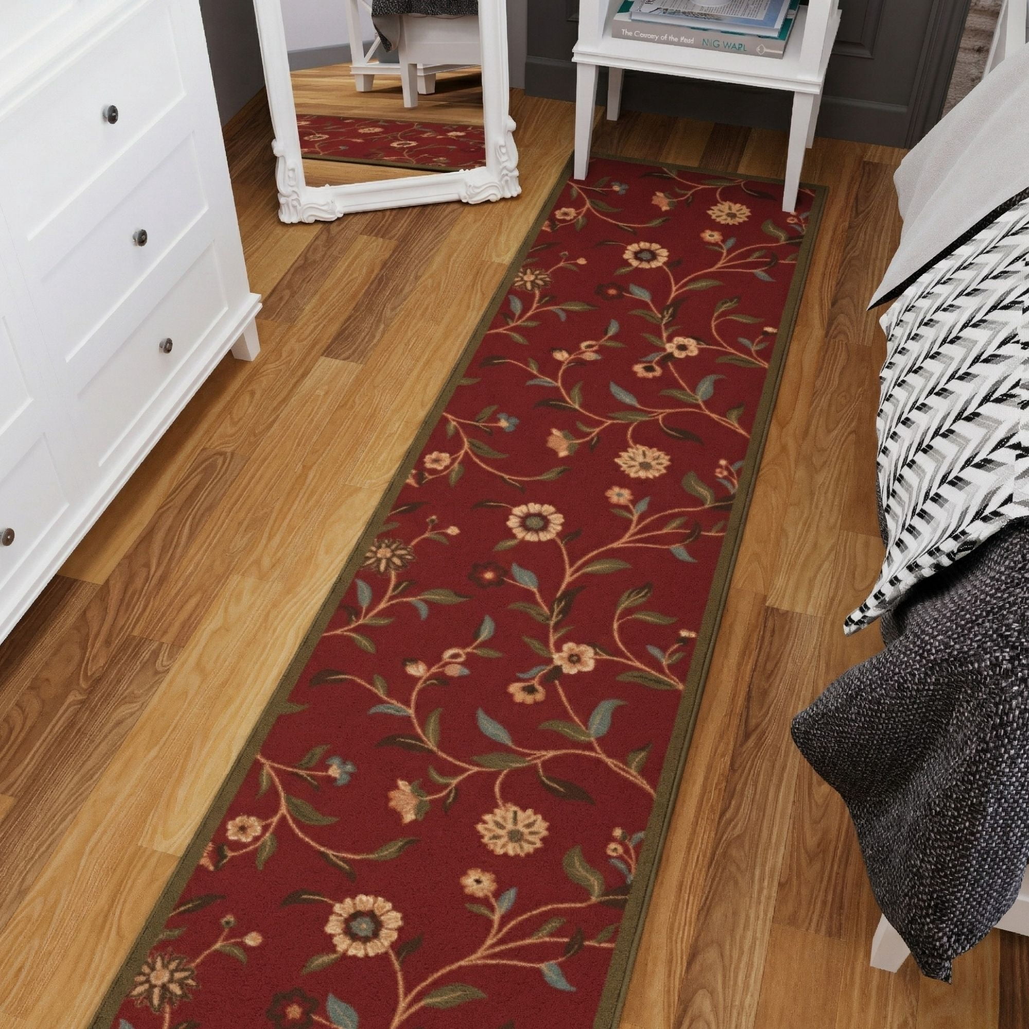 Ottomanson Extra Long Runner Rug 1'10.5" x 33' – Non-Slip Low Pile Hallway Carpet, Floral Red