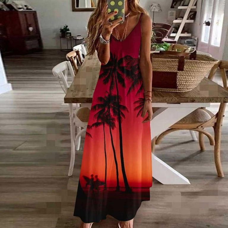 Summer Saving Wycnly Summer Dresses for Women Fashion Hawaiian Style High Waist Swing Cami Long Dresses 2024 Short Sleeve V-Neck Coconut Tree Print