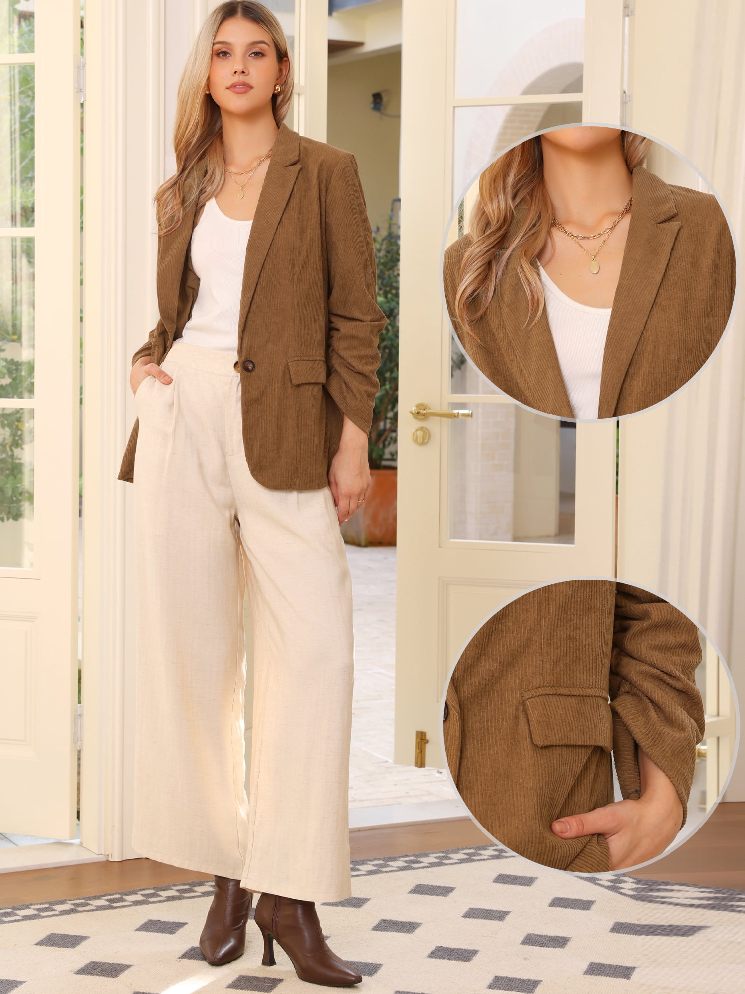 DARING DIVA Women's Corduroy Ruched Sleeve Lapel Pockets Blazer Jacket L Brown