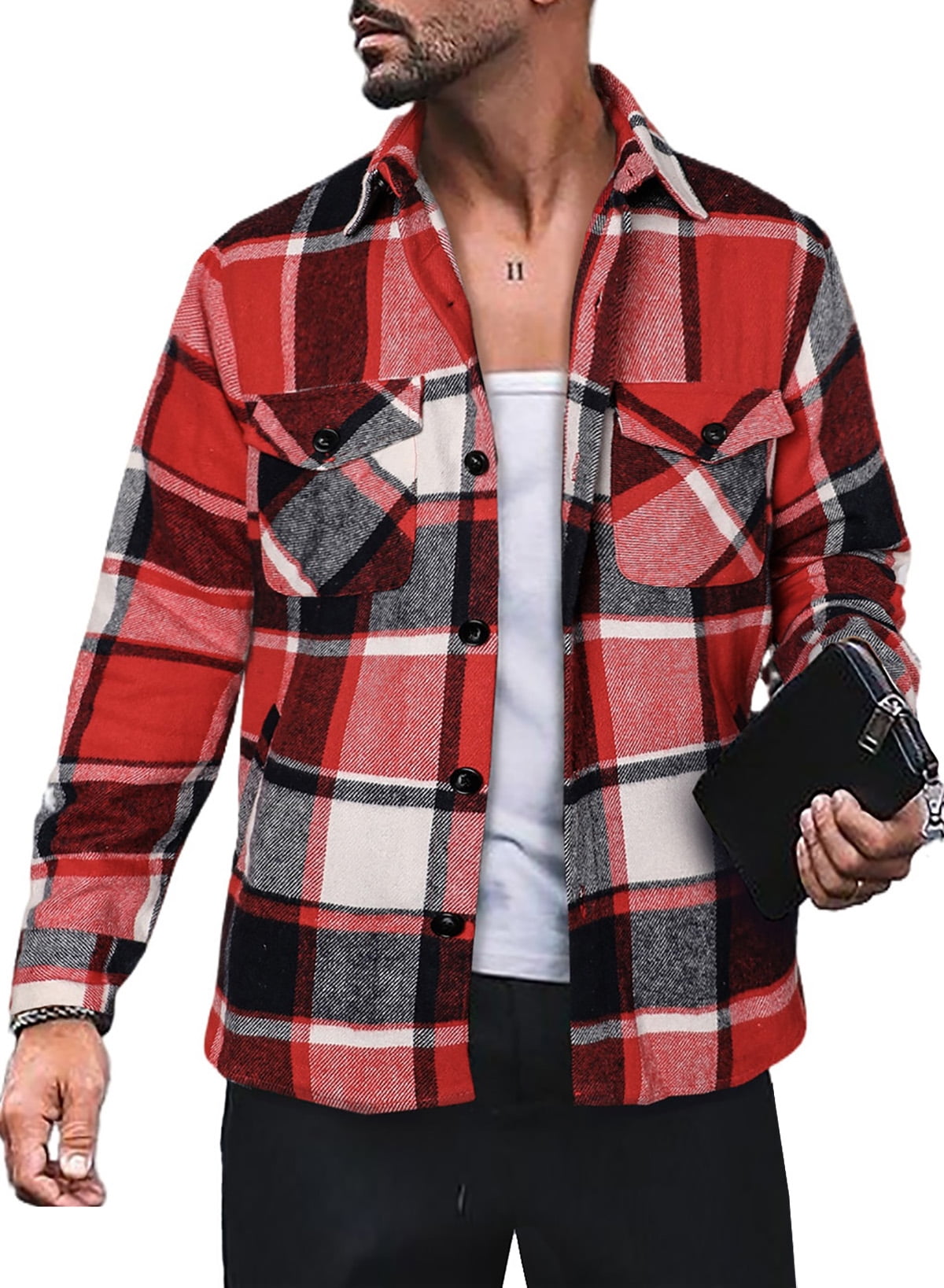 JMIERR Big and Tall Mens Long Sleeve Flannel Plaid Jacket Shacket ...