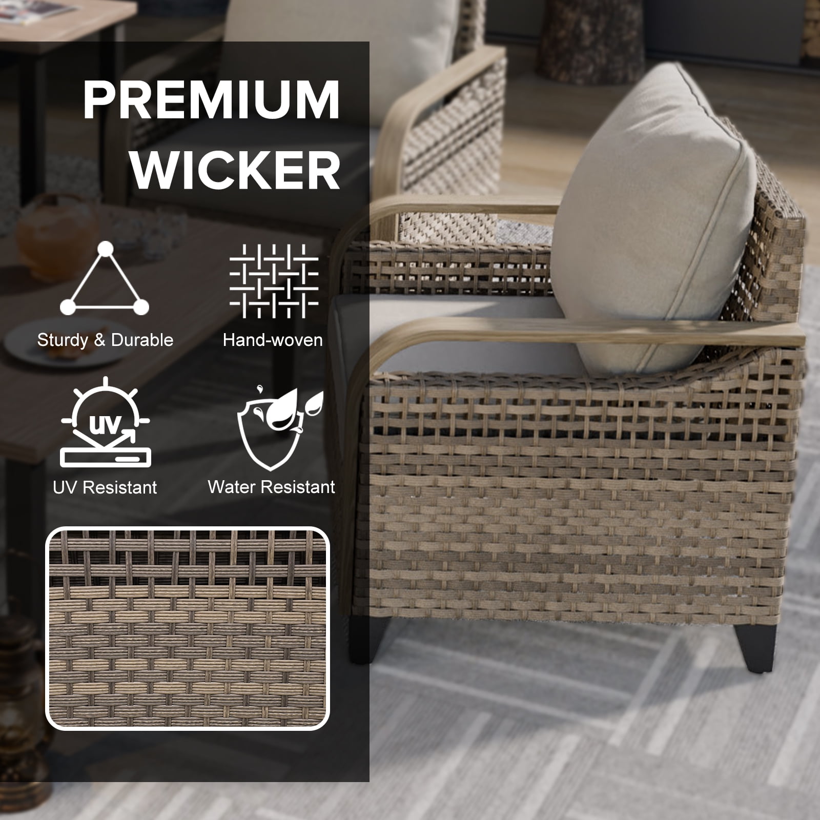 COOS BAY 4 Piece Brown Wicker Patio Sofa Set Outdoor Rattan Furniture Conversation Set 3-Seat Sofa, Dinning Chairs with Gray Cushions and Wood Grain Top Coffee Table