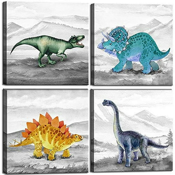 Dinosaur Bedroom Decor Wall Art Prints Gift Idea for Nursery and Kids Room Canvas Wall Art Watercolor Dinosaur Boys Room Decor Framed Wall Art 4 Pieces Canvas Art Print Gallery Wrapped