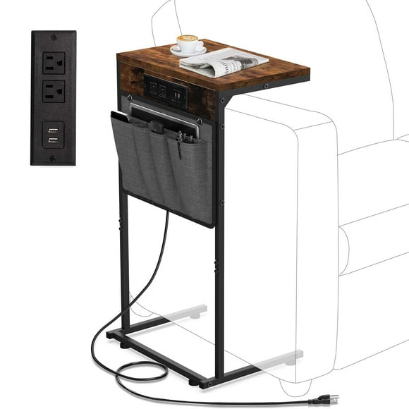 Evermagin C Shaped End Table with Charging Station Small Couch Side Table with Storage Bag Power Outlet and USB Sturdy Slide Under Sofa Table with Metal Frame for Living Room & Bedroom Rustic Brown