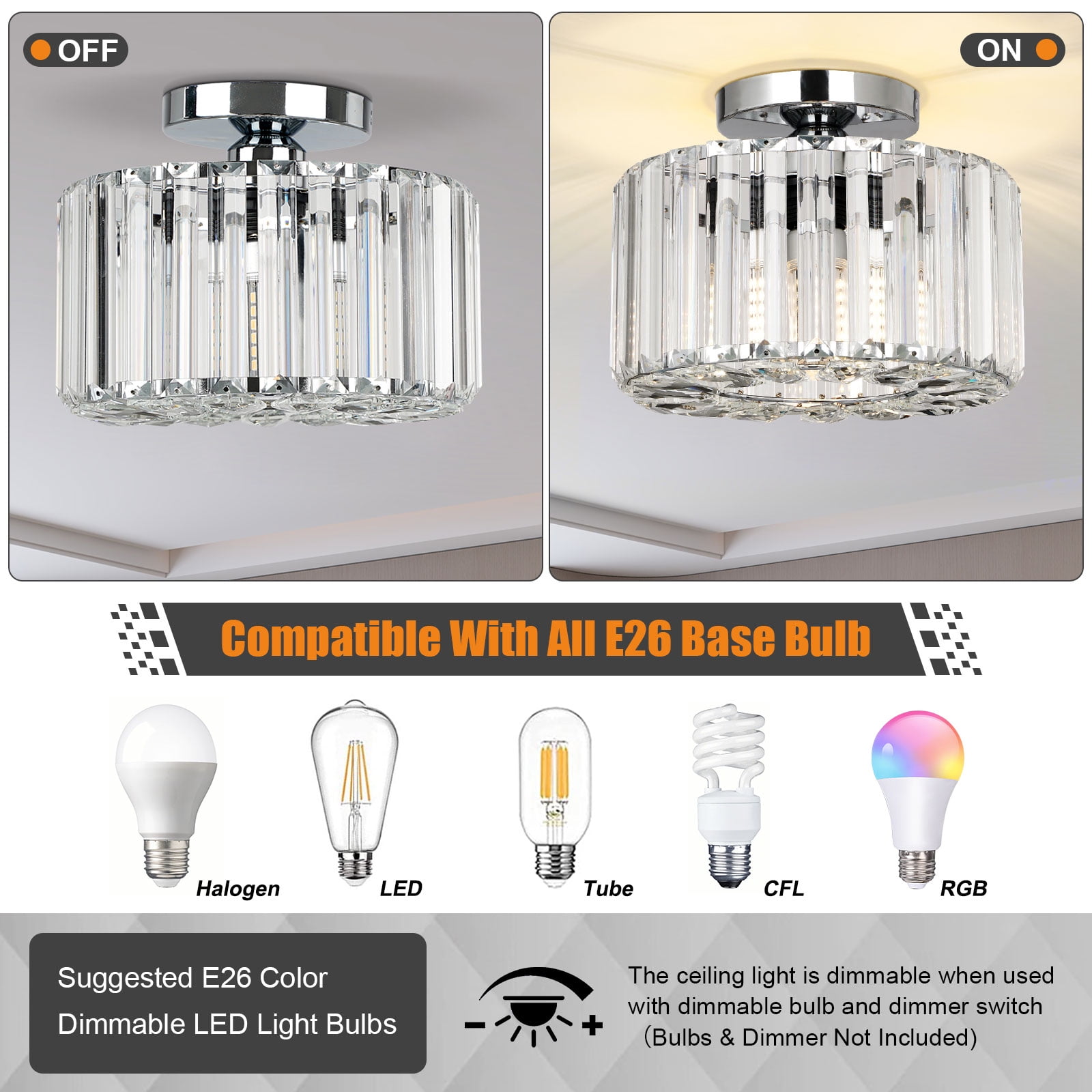 Frideko Home Crystal Ceiling Light Fixture, 9" Chrome Modern Semi Flush Mount Ceiling Light, E26 Base for Light Bulbs, Crystal Chandelier for Kitchen Bedroom Bathroom Hallway (Bulb not Included)