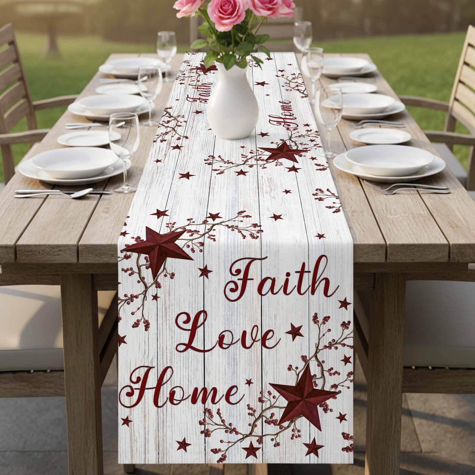 Retro Red Country Stars Table Runner, Faith Love Home Berries White Wood Striped Cotton Linen Kitchen Table Decoration Washable Dining Tabletop Runners for Home Party Decor 18x72 Inches