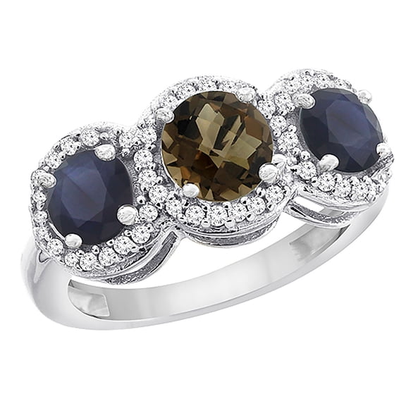 14K White Gold Natural Smoky Topaz & High Quality Blue Sapphire Sides Round 3-stone Ring Diamond Accents, size 5.5