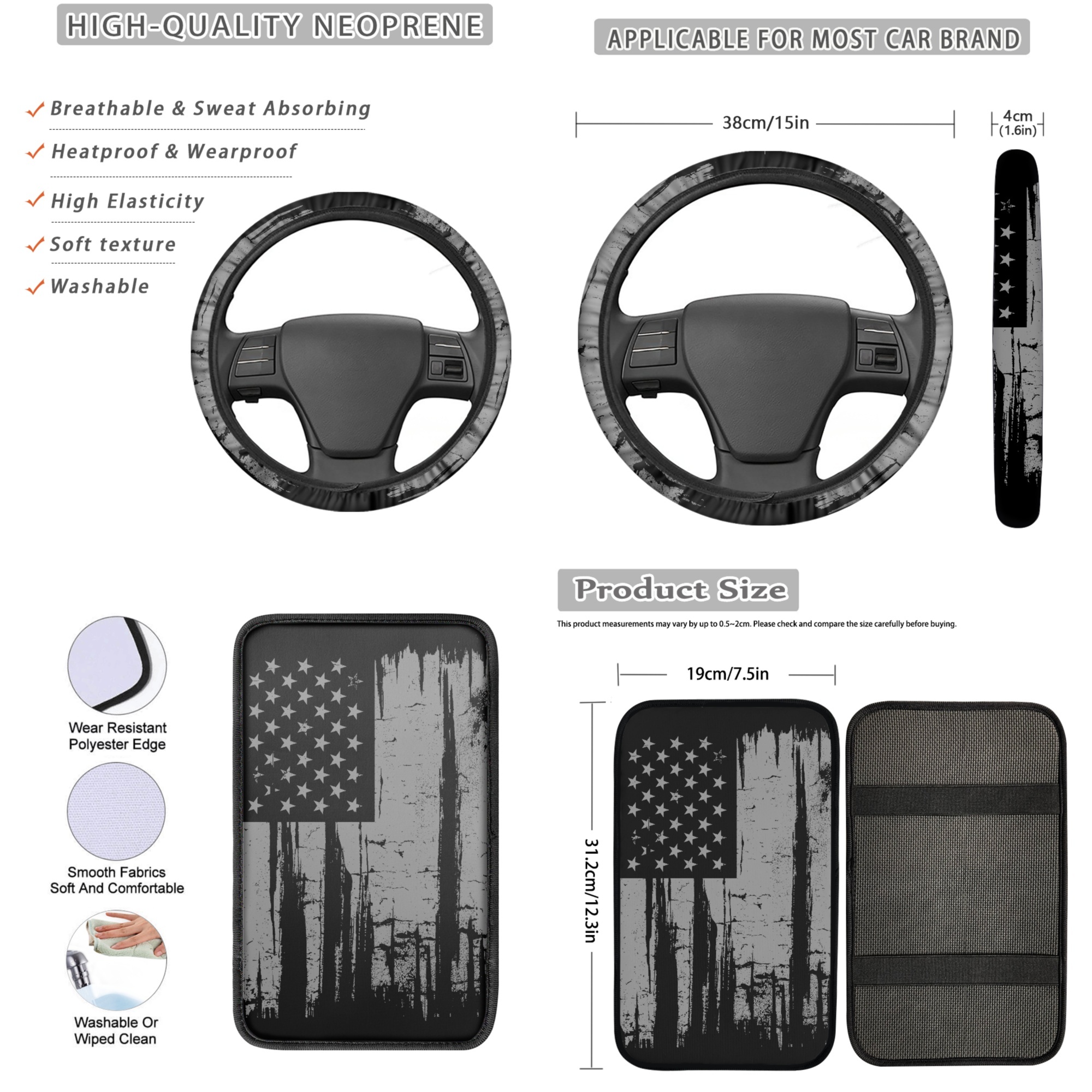 Jeiento 13 Pcs American Flag Car Accessories Full Set Car Seat Cover Steering Wheel Cup Holder Armrest Pad Keychain Lipstick Holder Interior Auto Decor Fit for Most Cars Truck SUV Van Sedan
