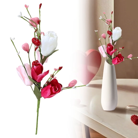 PPKVUFD 1Pcs Valentine's Day Artificial Flowers, 16.5 Inch Tulip Heart Stems with Pink White Berries for Vase Centerpiece, Wedding Home Decor